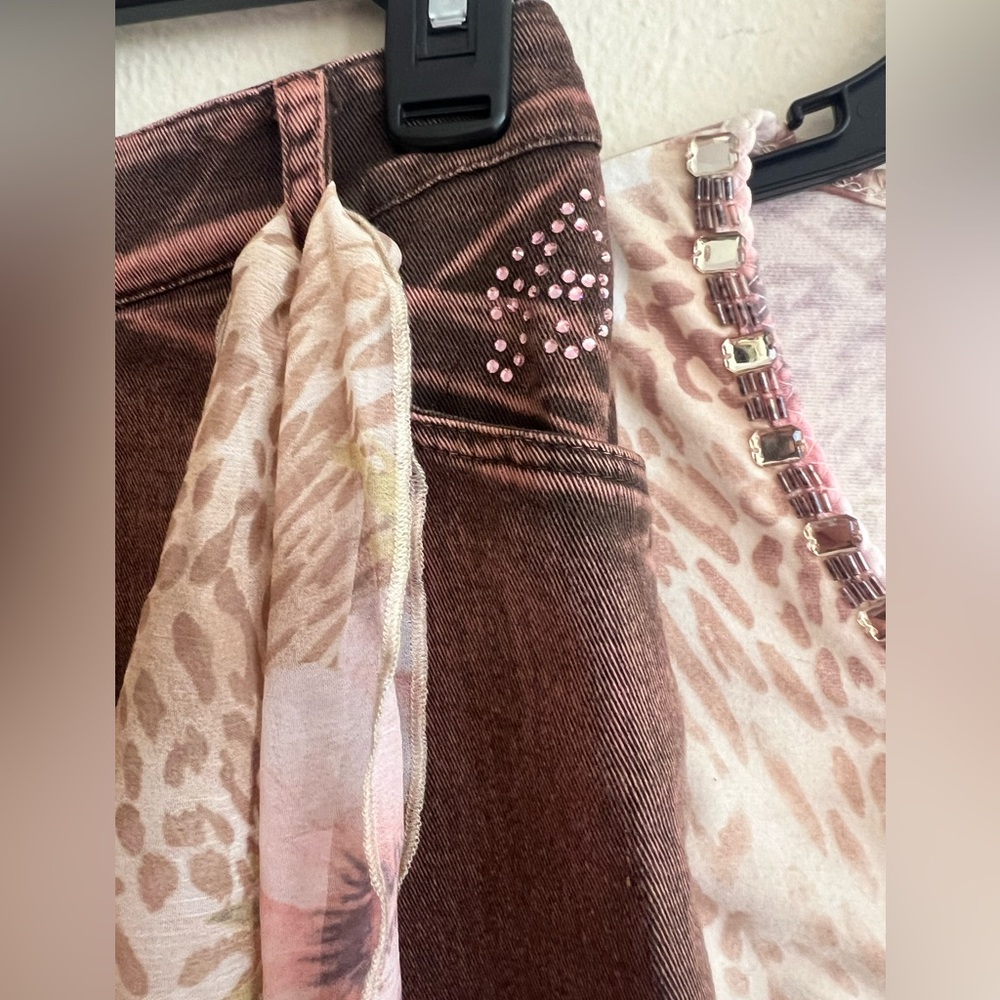 Miss Blumarine Pink Floral Top Brown Skirt jeans 3 Pc Set belt Italy size 10-12 - Picture 6 of 12